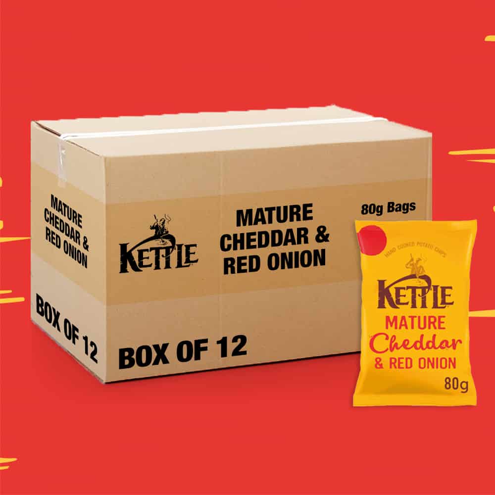 Box of 12 – Kettle Chips Mature Cheddar & Red Onion 80g – (£1.29 Bags)