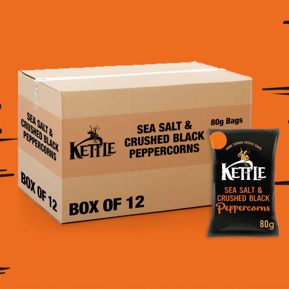 Box of 12 – Kettle Chips Sea Salt & Crushed Black Peppercorns 80g – (£1.29 Bags)