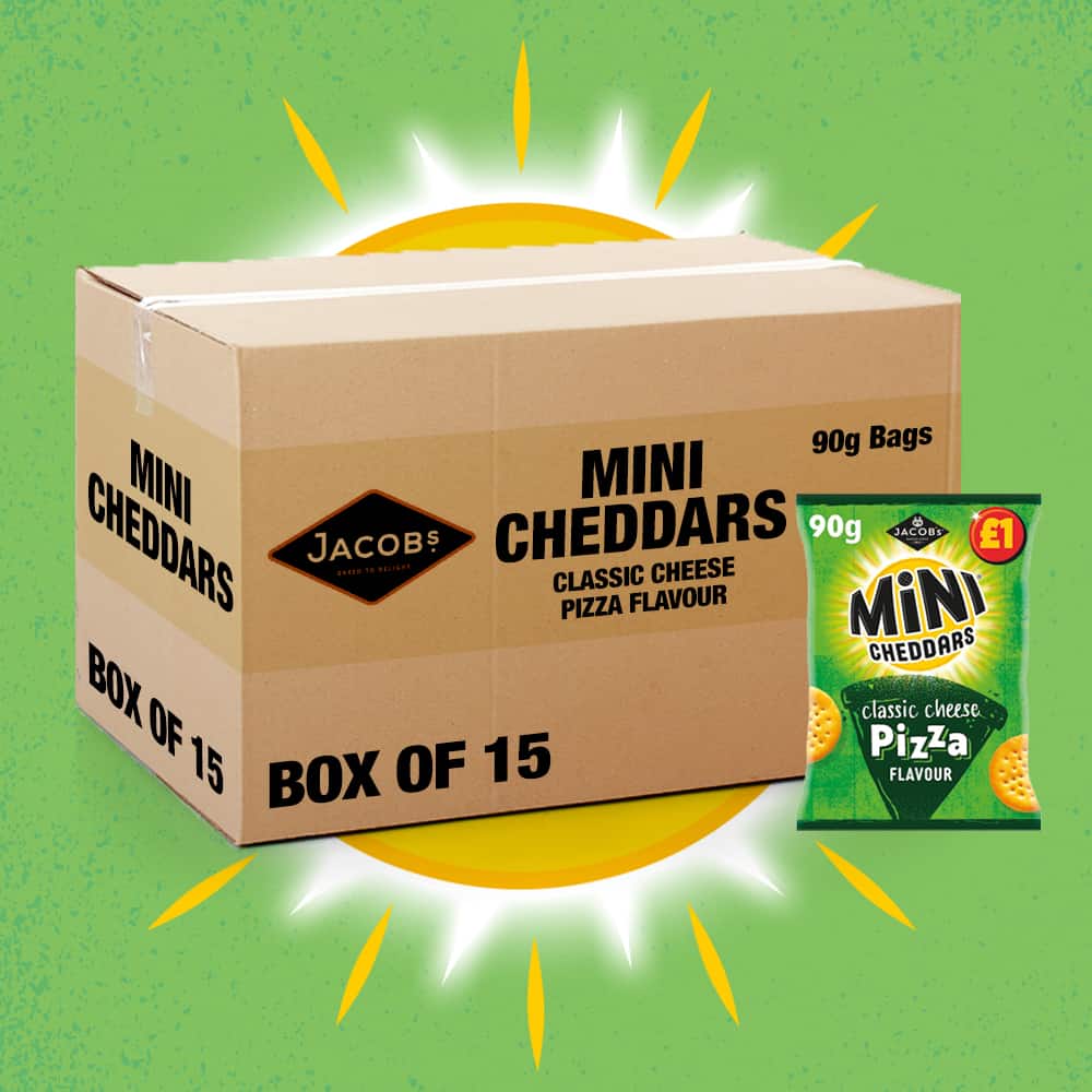Box of 15 – Jacob’s Mini Cheddars Pizza Flavour 90g – (£1 Bags)