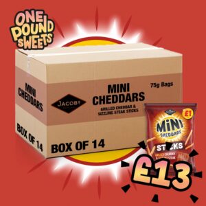 Box of 14 - Jacob's Mini Cheddars Sticks Grilled Cheddar & Sizzling Steak 75g - (£1 Bags)