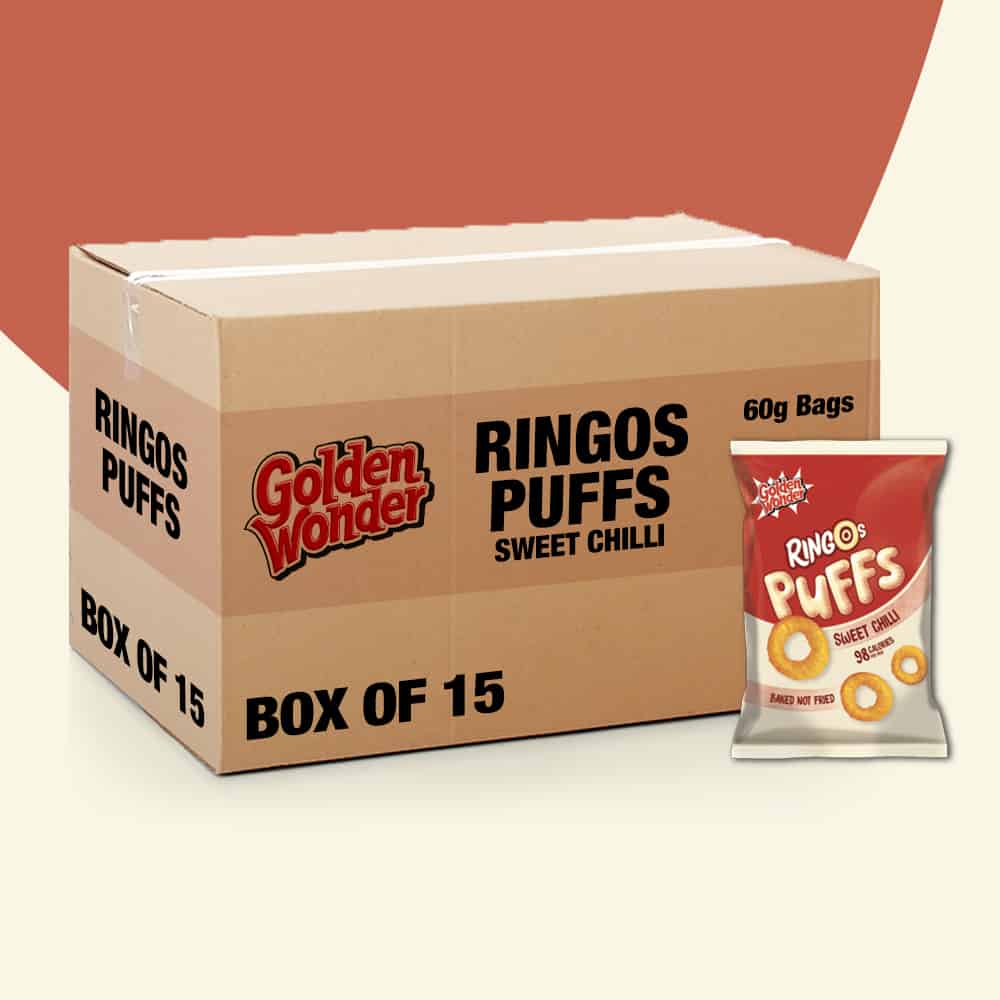 BBE 15.7.23- Box of 15 – Golden Wonder Ringo Puffs Sweet Chilli 60g – (£1 Bags)