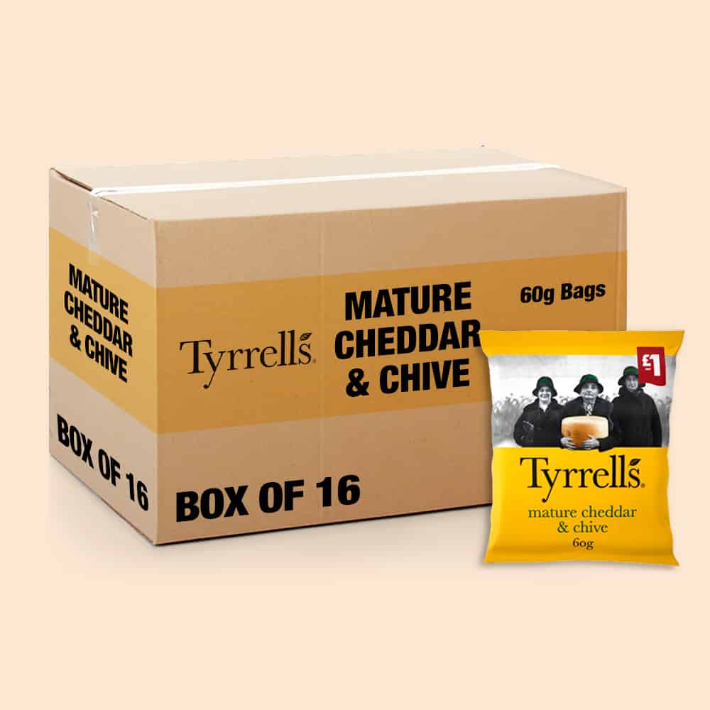 Box of 16 – Tyrrells Mature Cheddar and Chive 60g – (£1 Bags)
