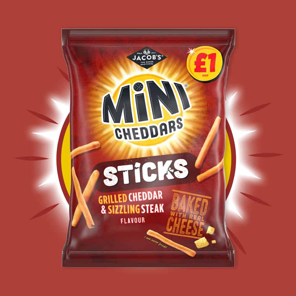 Box of 14 – Jacob’s Mini Cheddars Sticks Grilled Cheddar & Sizzling Steak 75g – (£1 Bags)