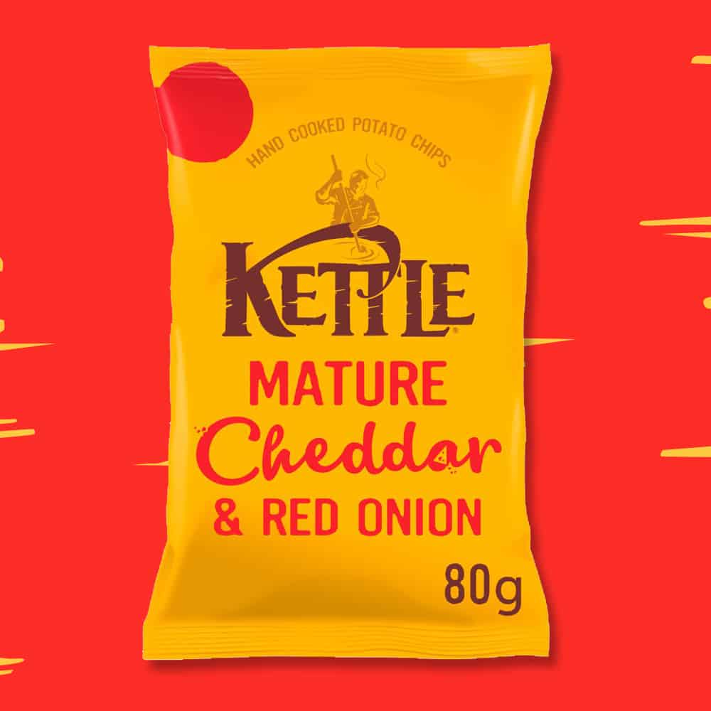 Box of 12 – Kettle Chips Mature Cheddar & Red Onion 80g – (£1.29 Bags)