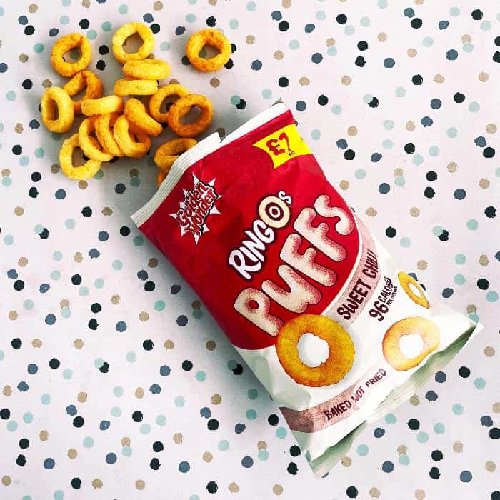 BBE 15.7.23- Box of 15 – Golden Wonder Ringo Puffs Sweet Chilli 60g – (£1 Bags)