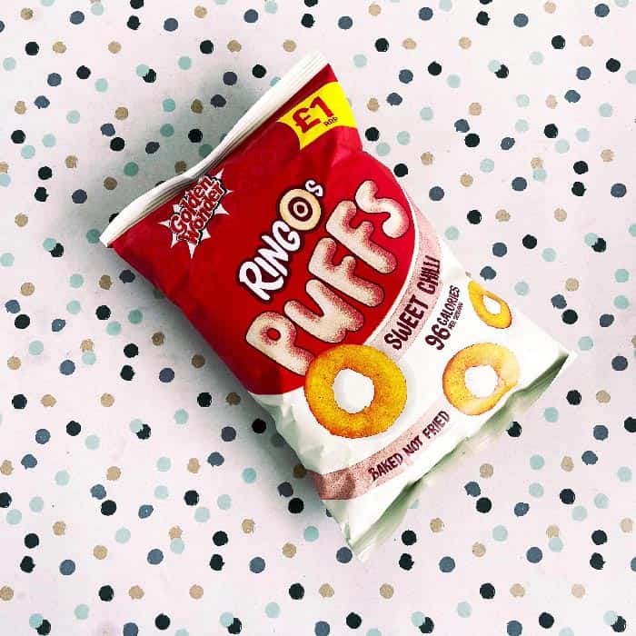 BBE 15.7.23- Box of 15 – Golden Wonder Ringo Puffs Sweet Chilli 60g – (£1 Bags)