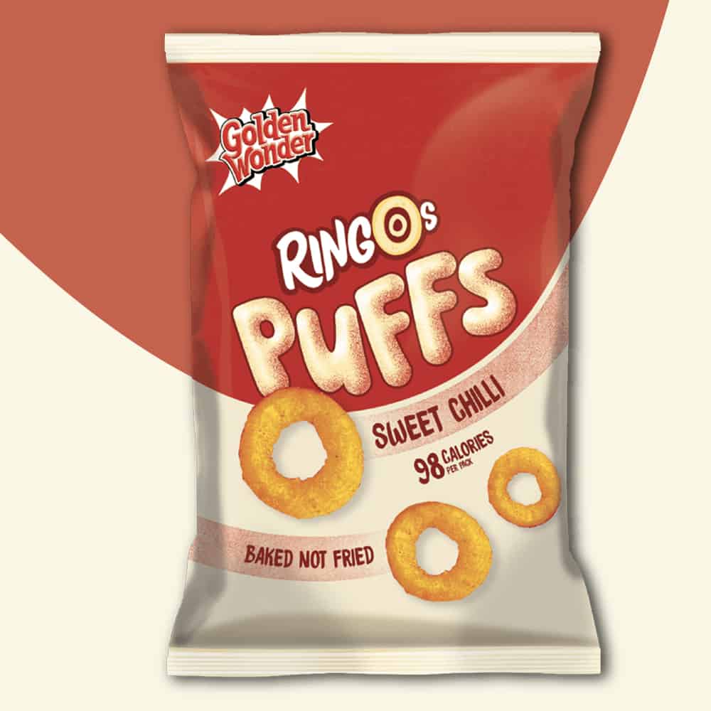 BBE 15.7.23- Box of 15 – Golden Wonder Ringo Puffs Sweet Chilli 60g – (£1 Bags)
