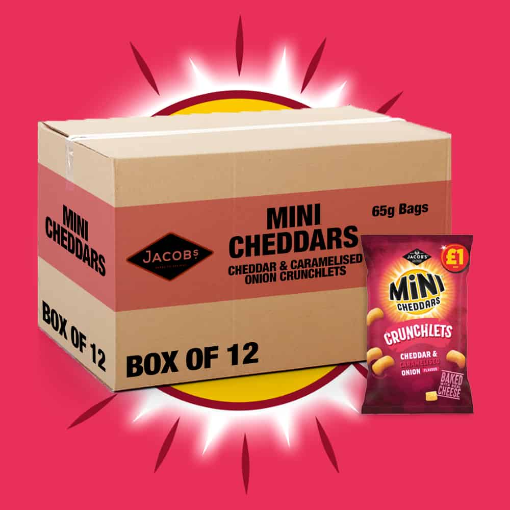 Box of 12 - Jacob's Mini Cheddars Crunchlets Cheddar & Onion 65g - (£1 Bags)