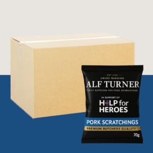 12x Alf Turner Traditional Pork Scratchings 70Our traditional Pork Scratchings are cooked to the highest standard and smothered with the finest Pork seasoning.  Donation to Help for Heroes from every pack.  Pub Card 12x70g.g