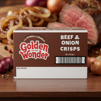 Golden Wonder Fully Flavoured Beef & Onion Crisps – 32.5g (Full Box of 32)